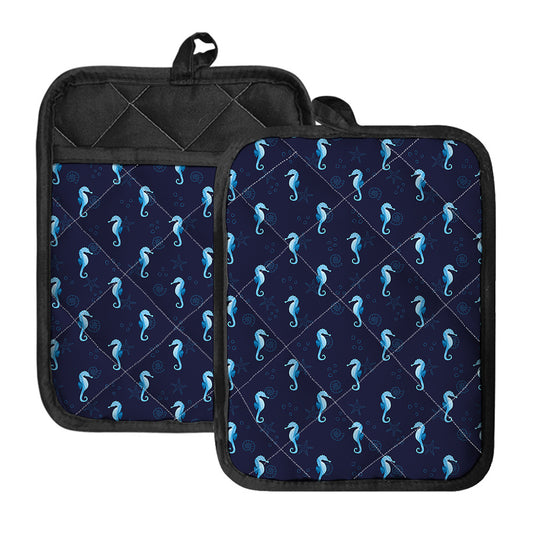 Blue Seahorse Pattern Print Pot Holders With Pocket