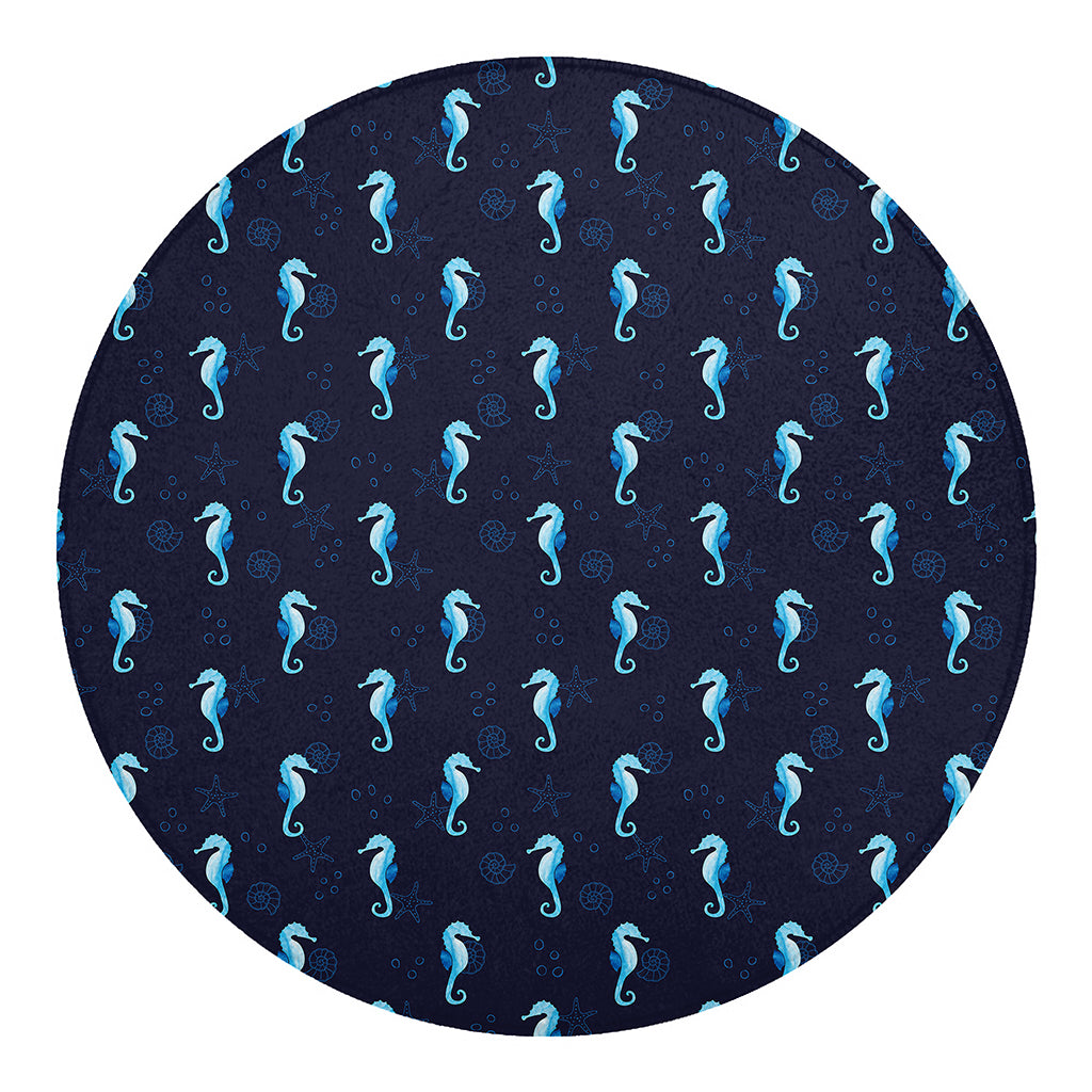 Blue Seahorse Pattern Print Round Blanket