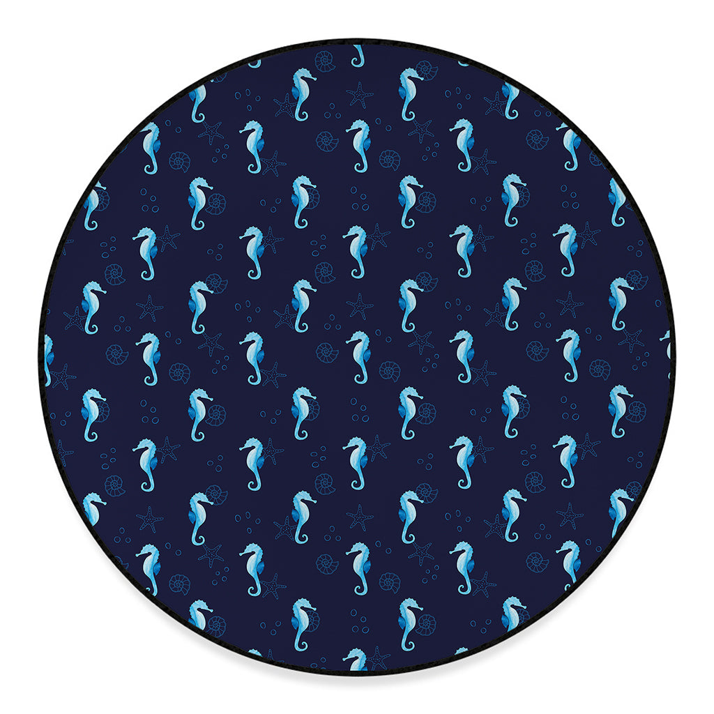 Blue Seahorse Pattern Print Round Floor Mat