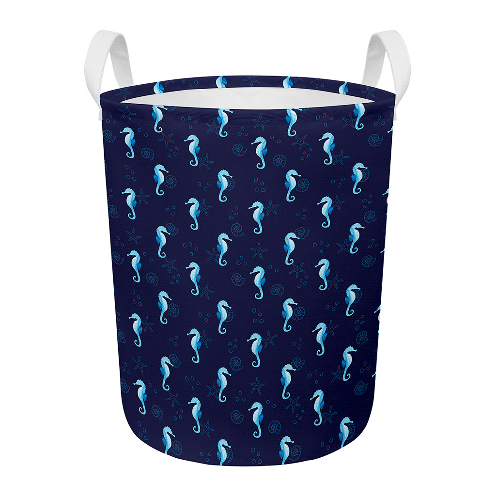 Blue Seahorse Pattern Print Round Laundry Basket