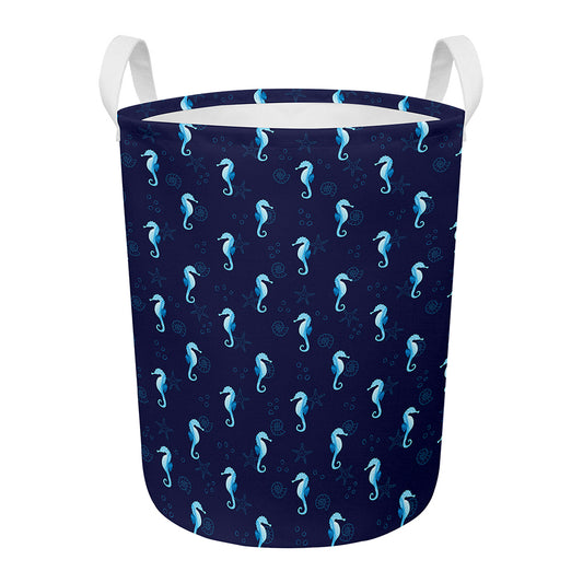 Blue Seahorse Pattern Print Round Laundry Basket