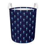 Blue Seahorse Pattern Print Round Laundry Basket