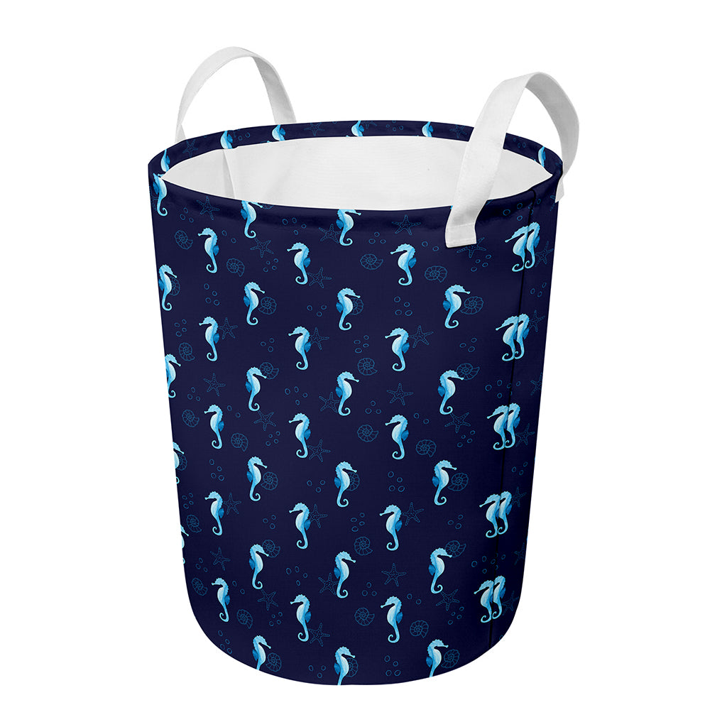 Blue Seahorse Pattern Print Round Laundry Basket