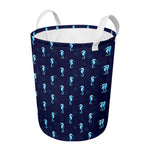 Blue Seahorse Pattern Print Round Laundry Basket