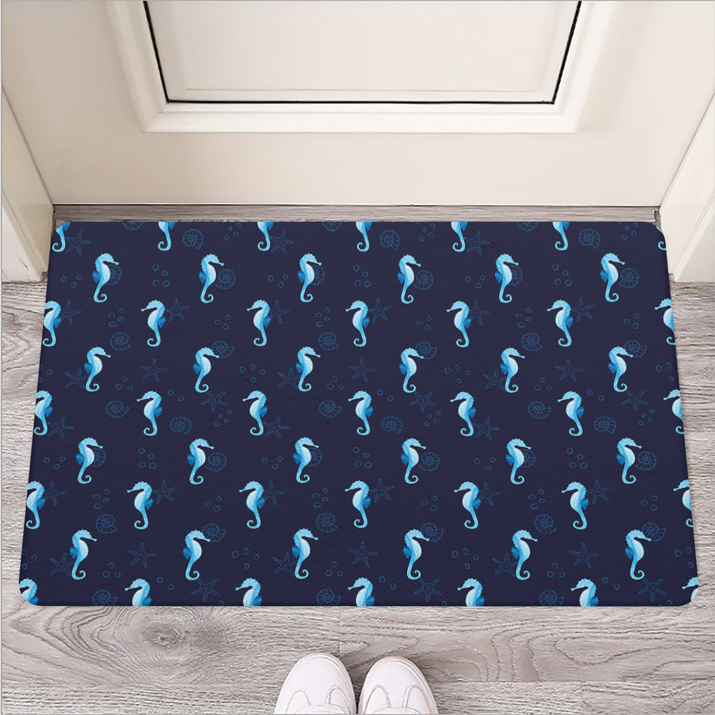 Blue Seahorse Pattern Print Rubber Doormat