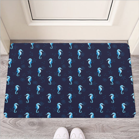 Blue Seahorse Pattern Print Rubber Doormat