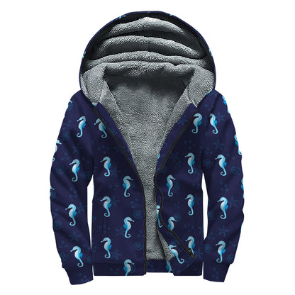 Blue Seahorse Pattern Print Sherpa Lined Zip Up Hoodie