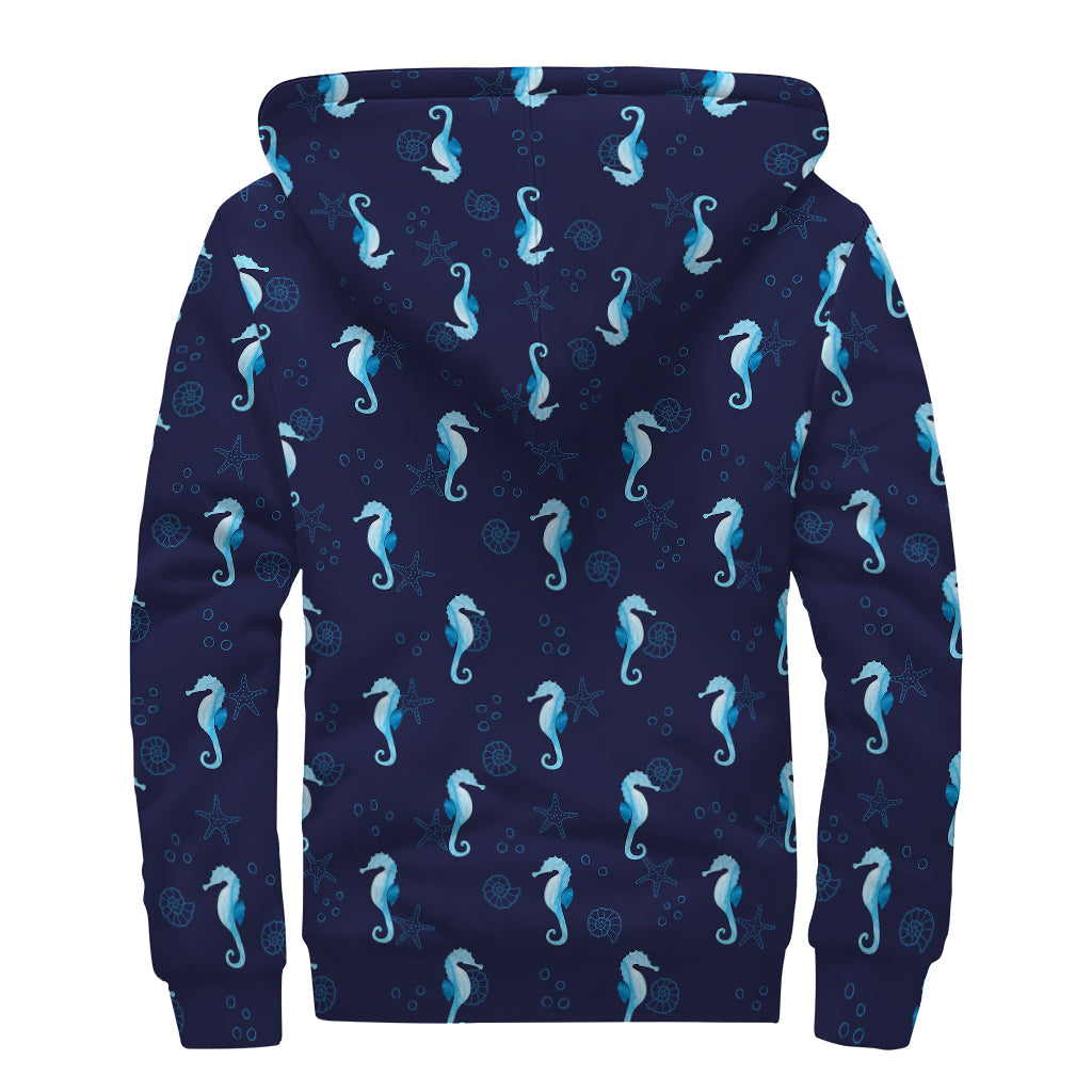 Blue Seahorse Pattern Print Sherpa Lined Zip Up Hoodie