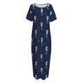 Blue Seahorse Pattern Print Short Sleeve Long Nightdress