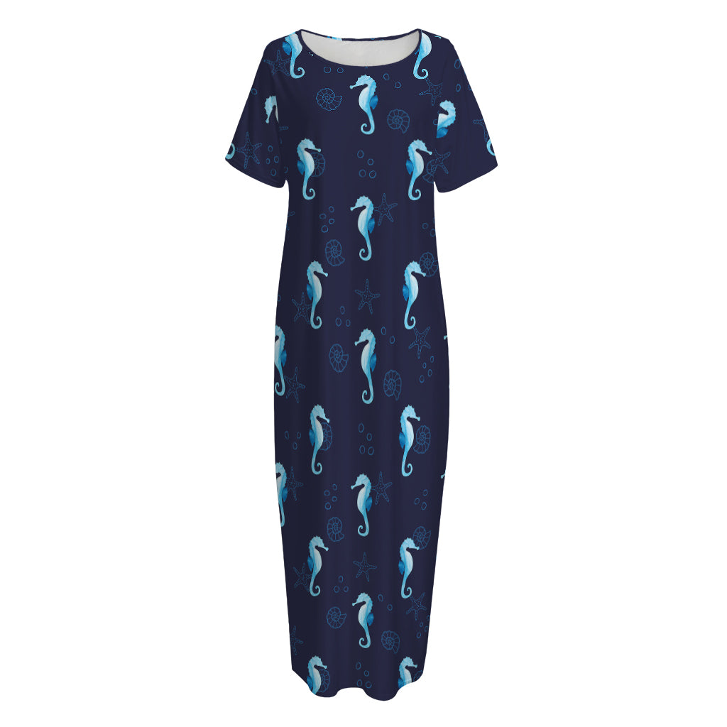 Blue Seahorse Pattern Print Short Sleeve Long Nightdress