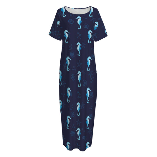 Blue Seahorse Pattern Print Short Sleeve Long Nightdress