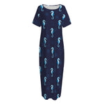 Blue Seahorse Pattern Print Short Sleeve Long Nightdress