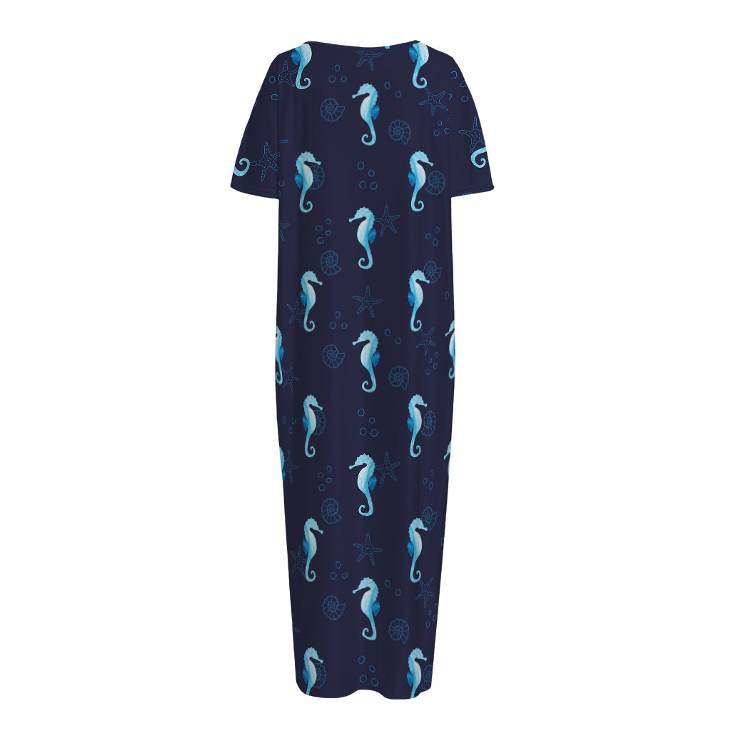 Blue Seahorse Pattern Print Short Sleeve Long Nightdress