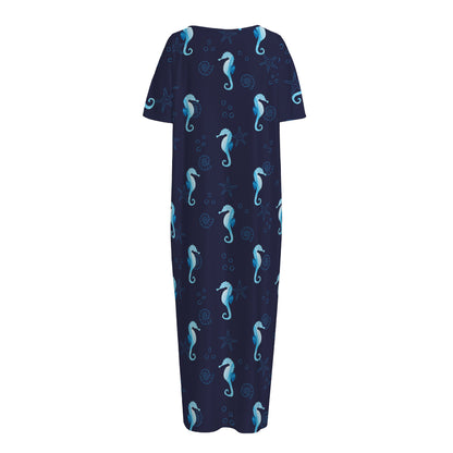 Blue Seahorse Pattern Print Short Sleeve Long Nightdress