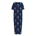 Blue Seahorse Pattern Print Short Sleeve Long Nightdress
