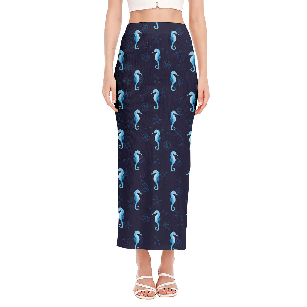 Blue Seahorse Pattern Print Side Slit Maxi Skirt