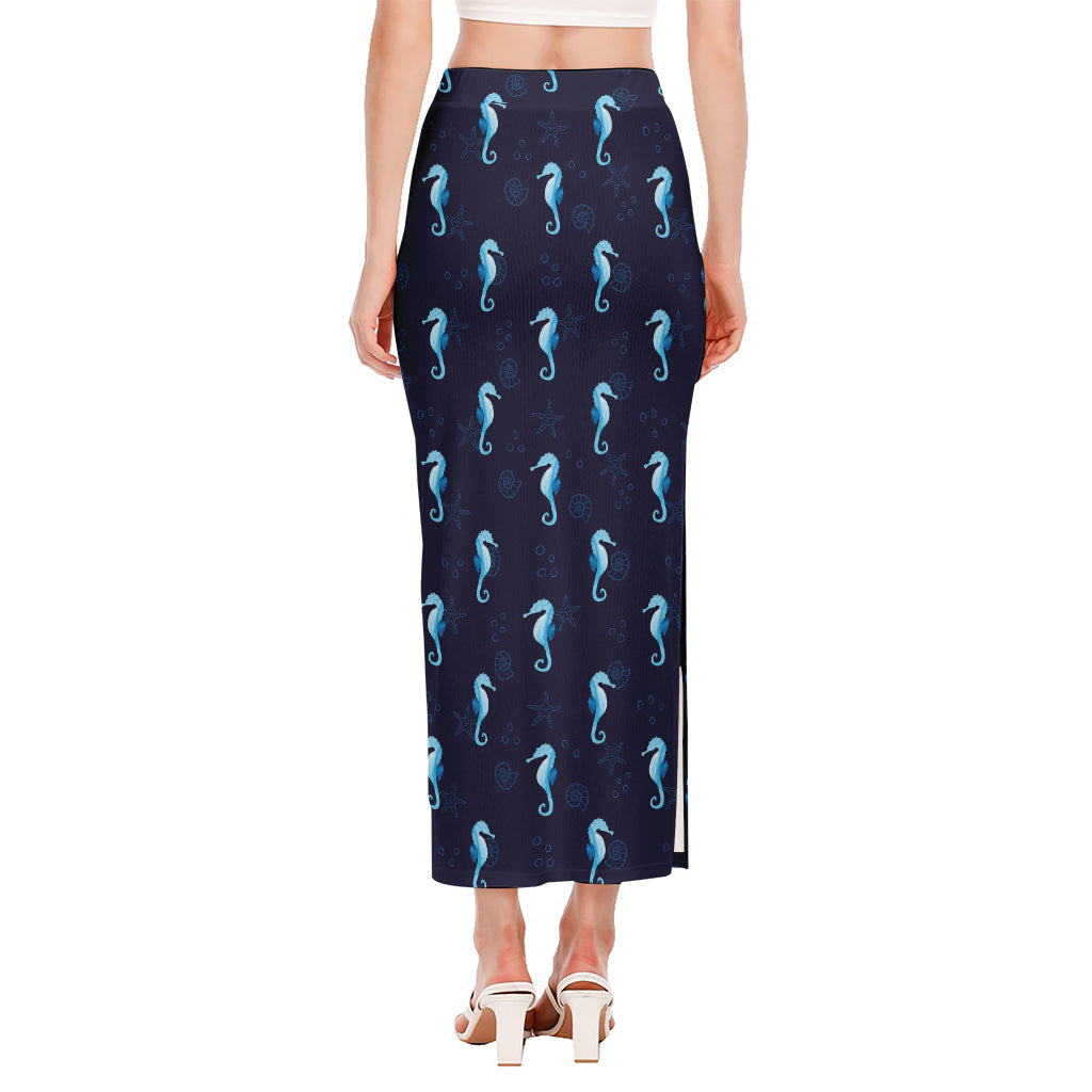 Blue Seahorse Pattern Print Side Slit Maxi Skirt