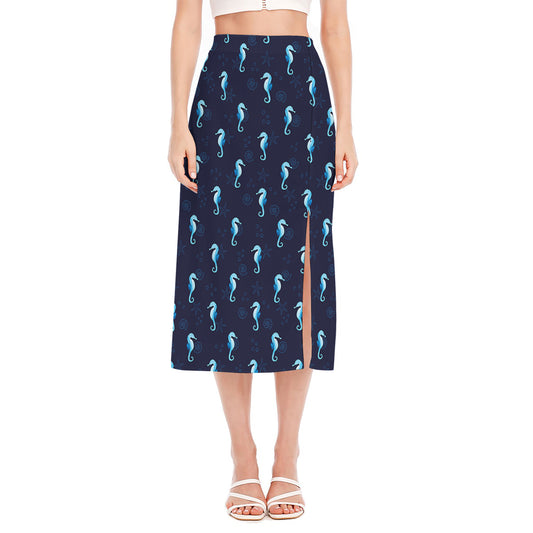 Blue Seahorse Pattern Print Side Slit Midi Skirt
