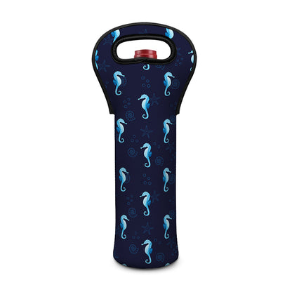 Blue Seahorse Pattern Print Single Neoprene Wine Tote