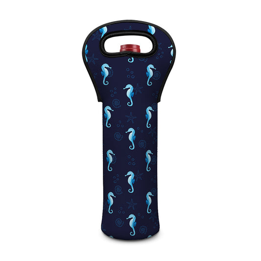 Blue Seahorse Pattern Print Single Neoprene Wine Tote