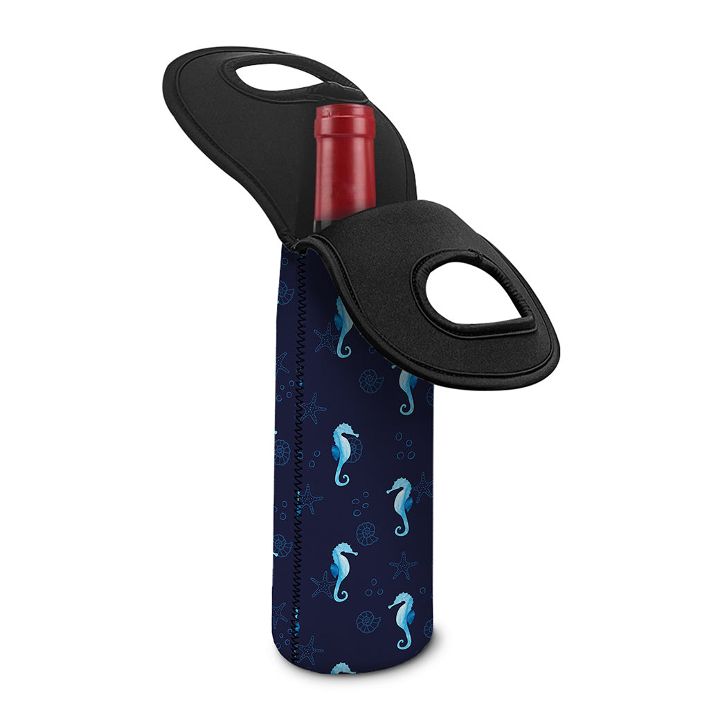 Blue Seahorse Pattern Print Single Neoprene Wine Tote