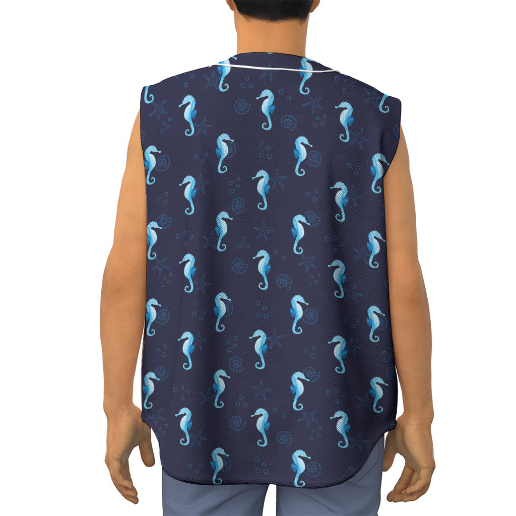 Blue Seahorse Pattern Print Sleeveless Baseball Jersey