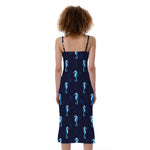 Blue Seahorse Pattern Print Slim Fit Midi Cami Dress