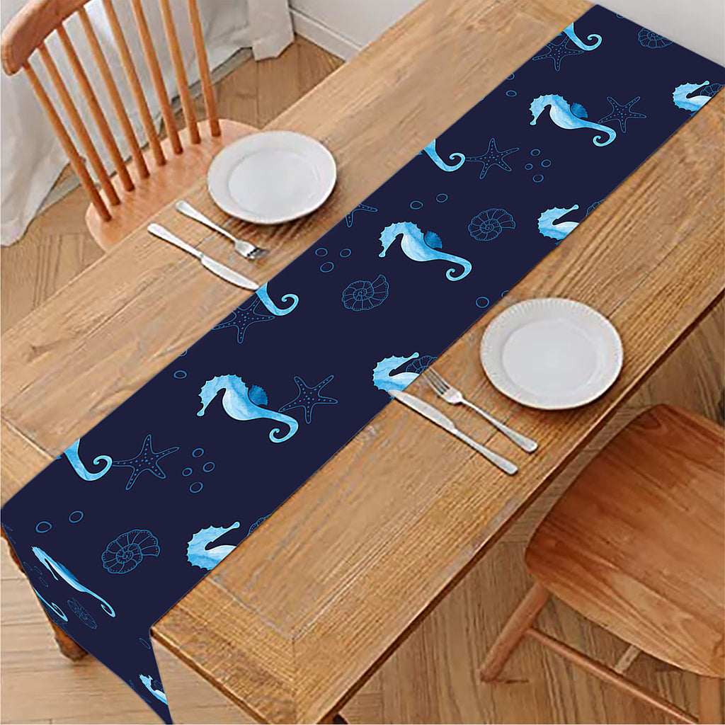 Blue Seahorse Pattern Print Table Runner