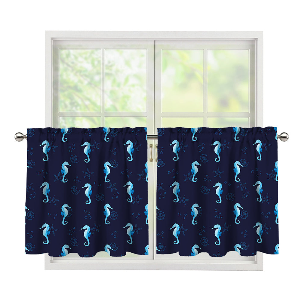 Blue Seahorse Pattern Print Tier Curtains