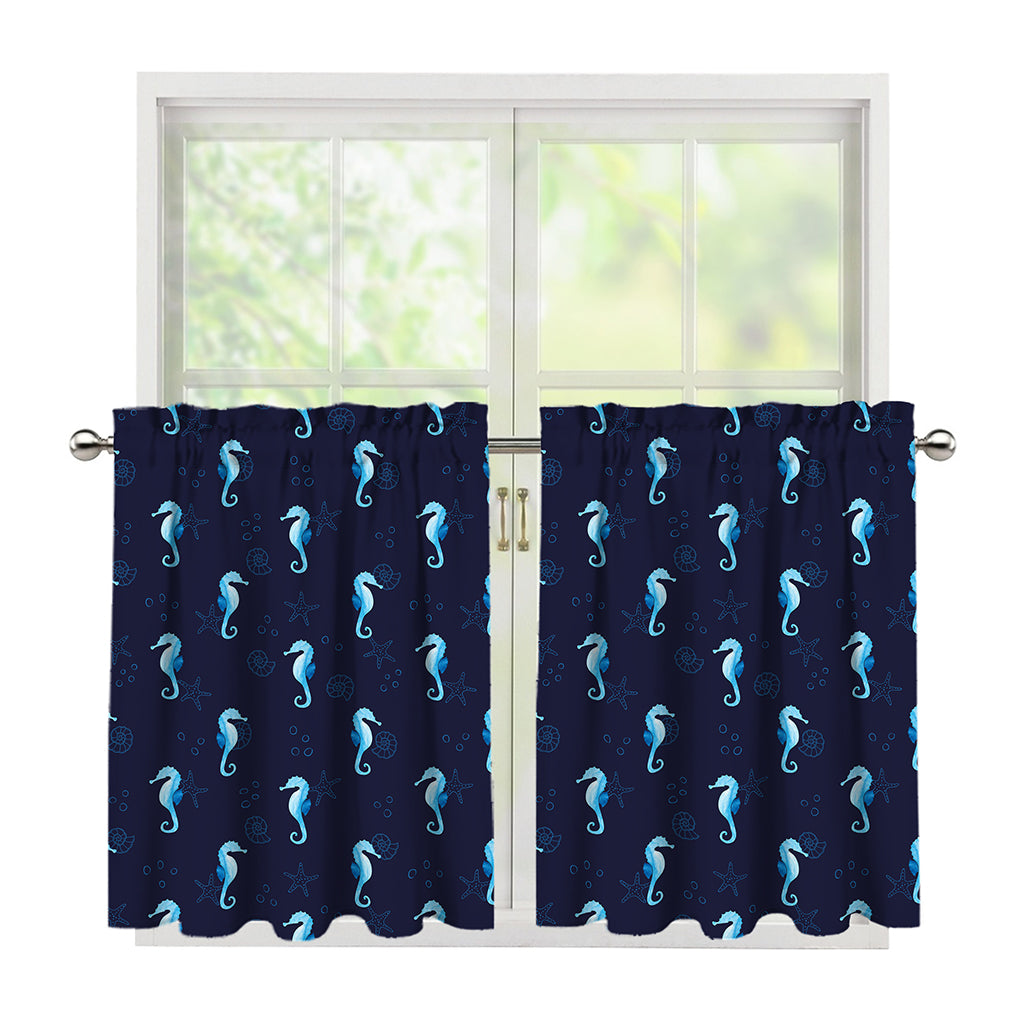 Blue Seahorse Pattern Print Tier Curtains