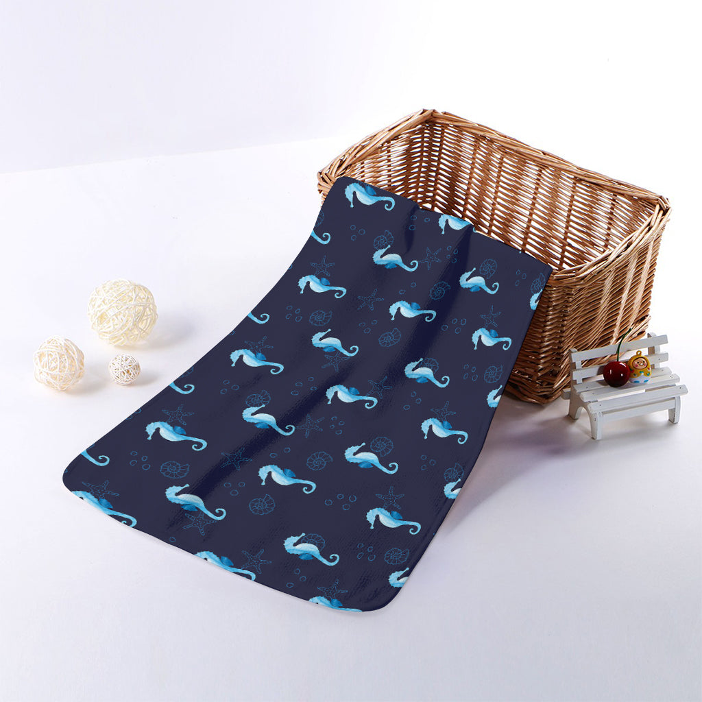 Blue Seahorse Pattern Print Towel