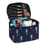 Blue Seahorse Pattern Print Travel Makeup Bag