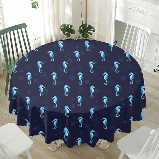 Blue Seahorse Pattern Print Waterproof Round Tablecloth