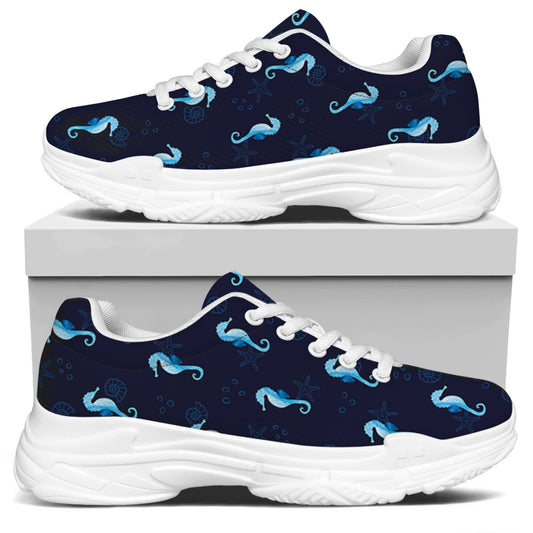 Blue Seahorse Pattern Print White Chunky Shoes