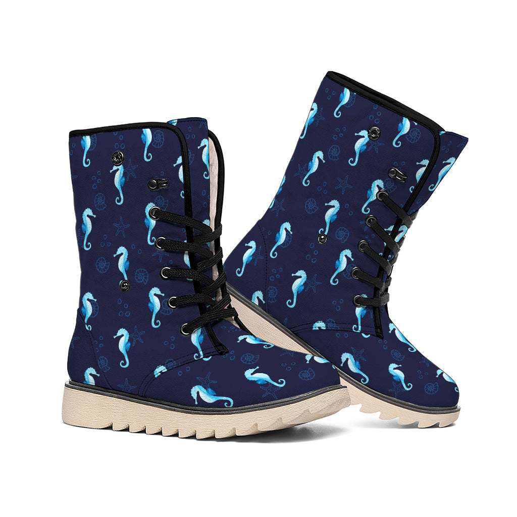 Blue Seahorse Pattern Print Winter Boots