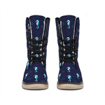 Blue Seahorse Pattern Print Winter Boots