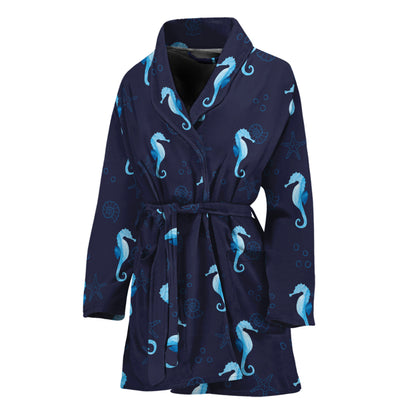 Blue Seahorse Pattern Print Women's Bathrobe