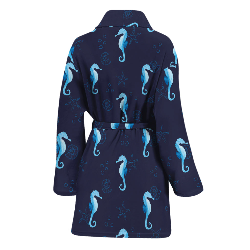 Blue Seahorse Pattern Print Women's Bathrobe