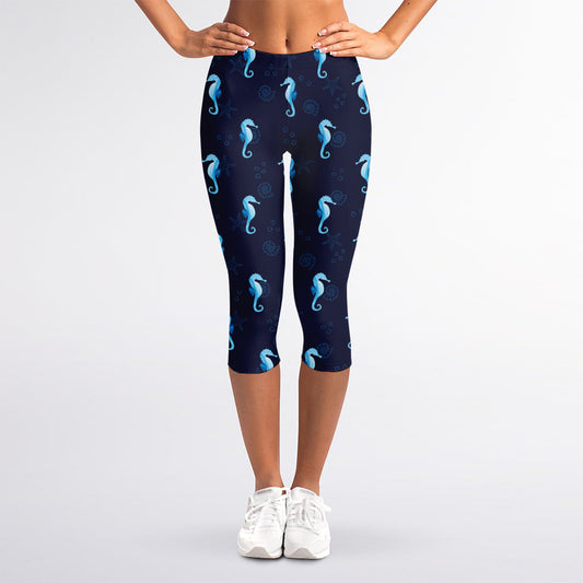 Blue Seahorse Pattern Print Women's Capri Leggings