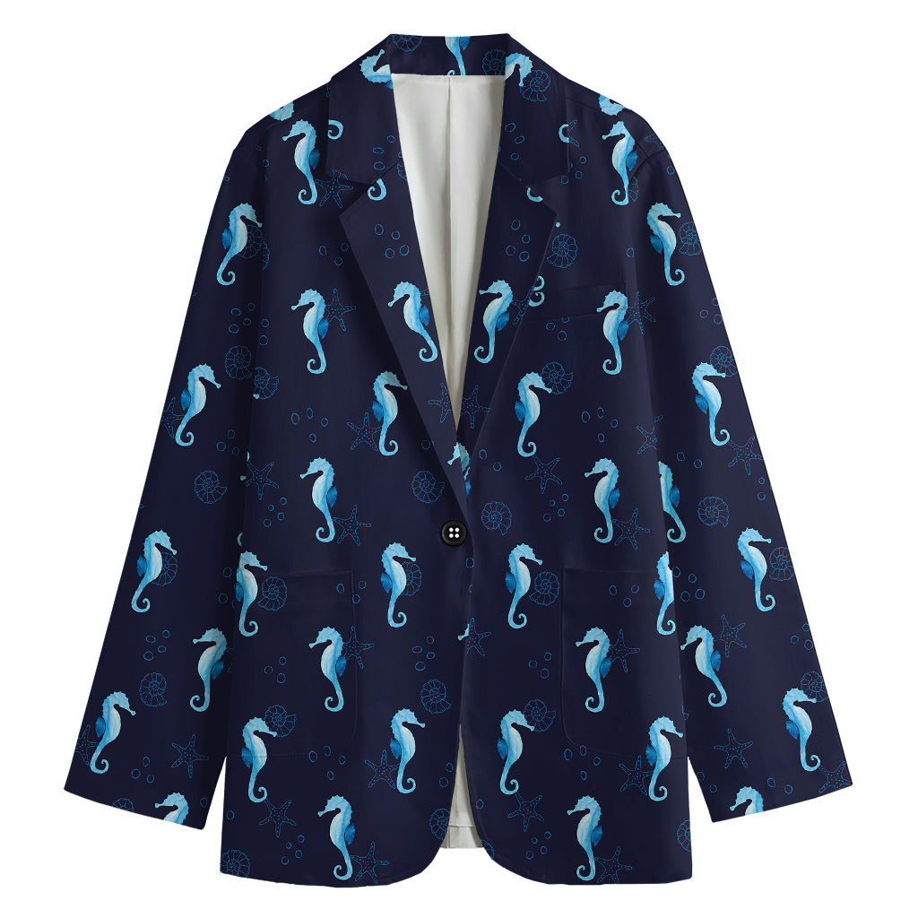 Blue Seahorse Pattern Print Women's Cotton Blazer
