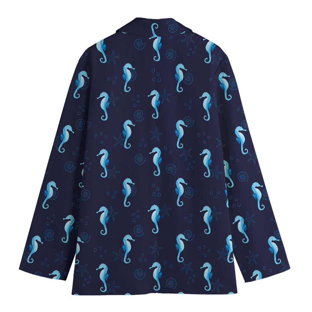 Blue Seahorse Pattern Print Women's Cotton Blazer