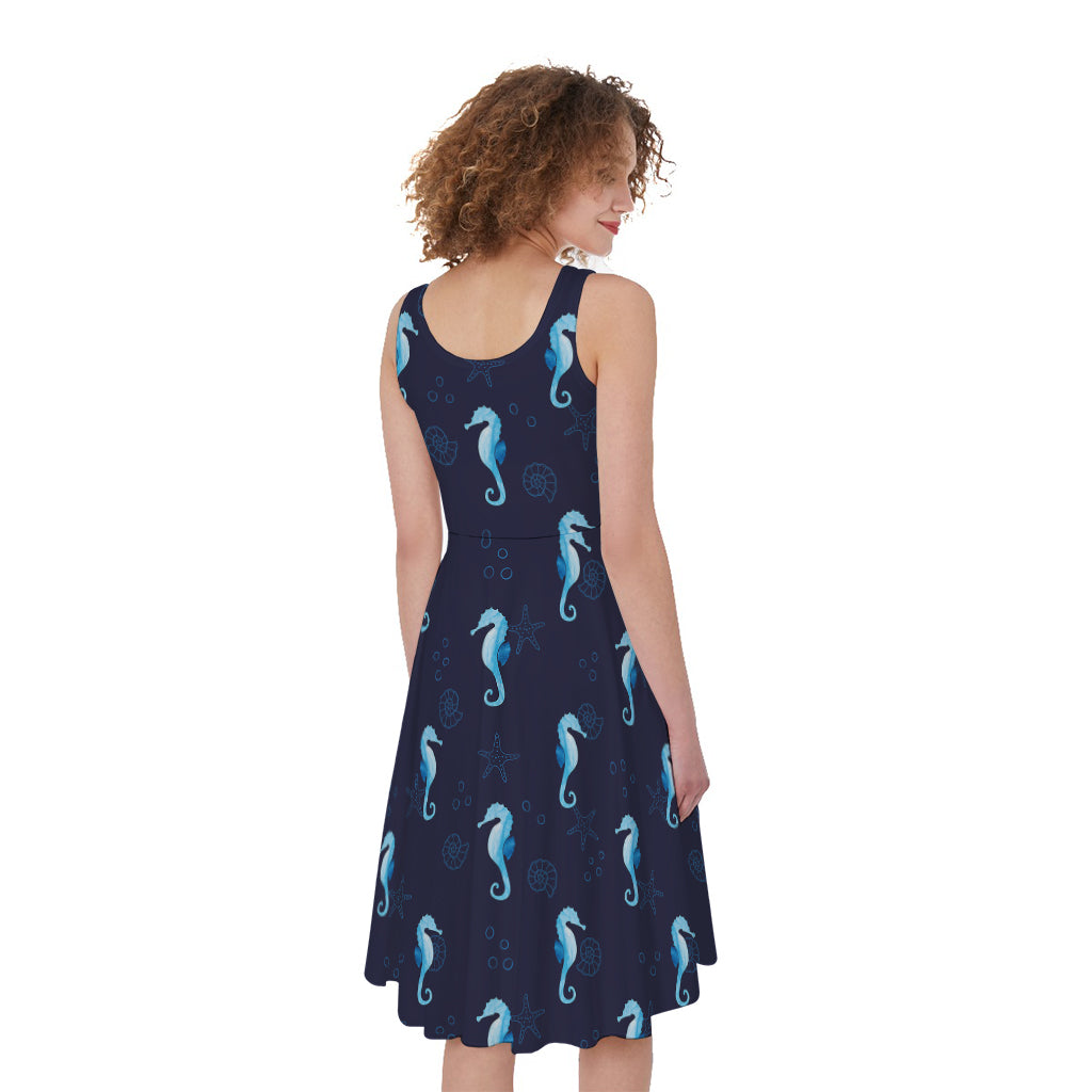 Blue Seahorse Pattern Print Women's Sleeveless Dress