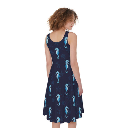 Blue Seahorse Pattern Print Women's Sleeveless Dress