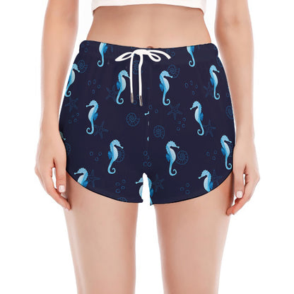 Blue Seahorse Pattern Print Women's Split Running Shorts