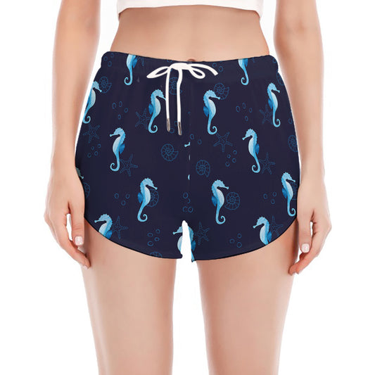 Blue Seahorse Pattern Print Women's Split Running Shorts