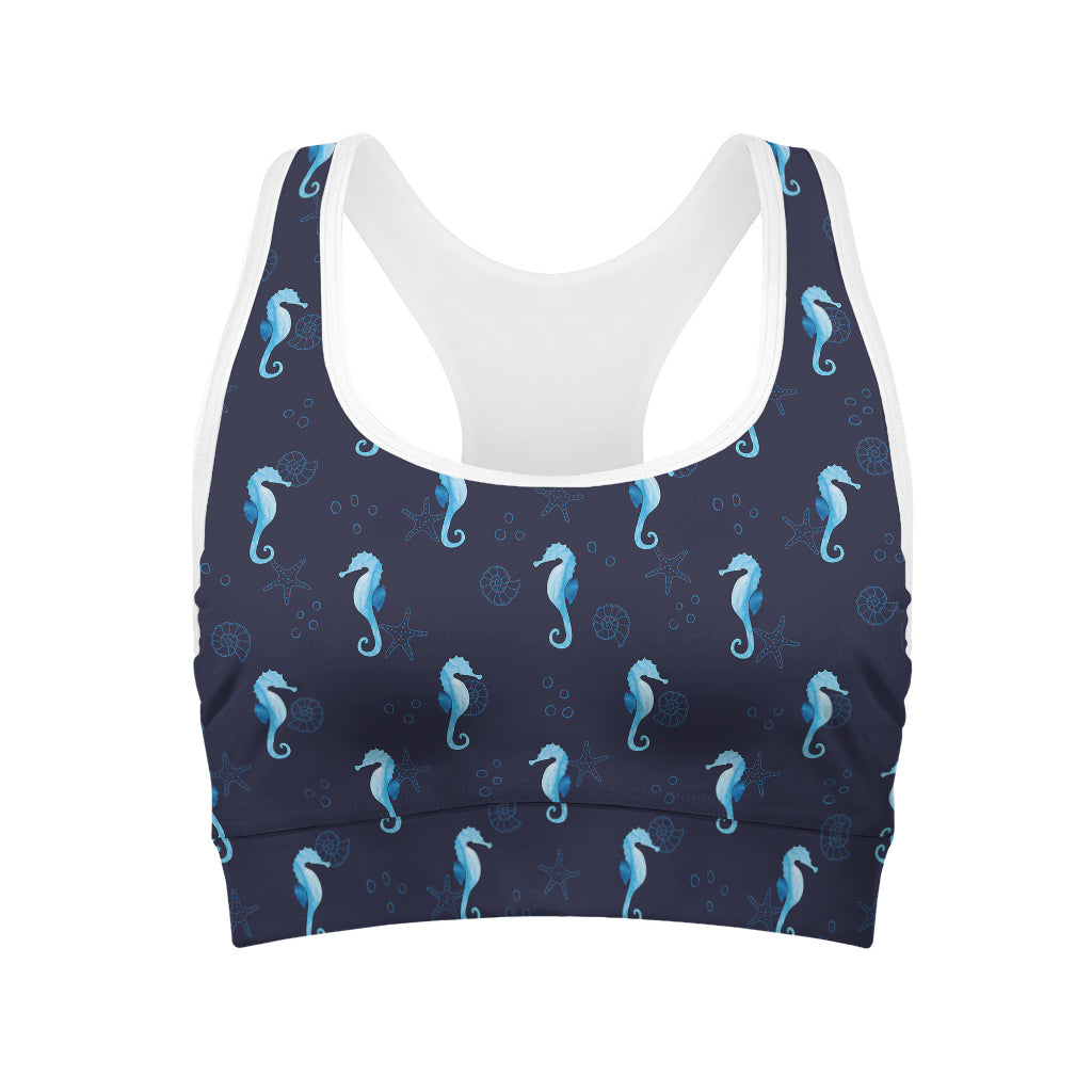 Blue Seahorse Pattern Print Women's Sports Bra