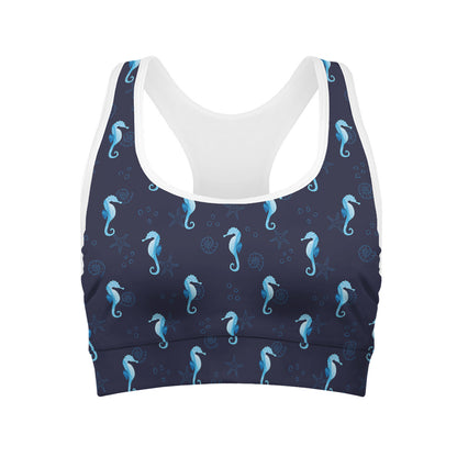 Blue Seahorse Pattern Print Women's Sports Bra