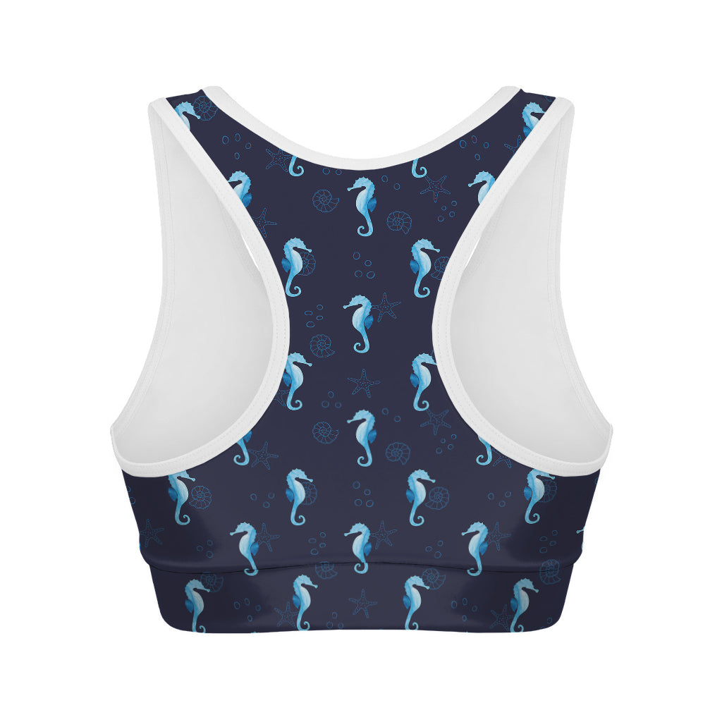 Blue Seahorse Pattern Print Women's Sports Bra