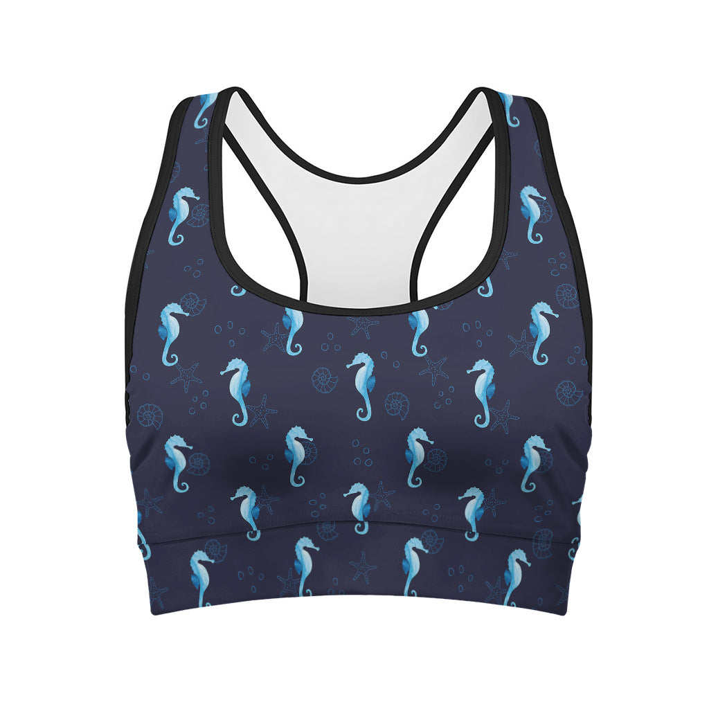 Blue Seahorse Pattern Print Women's Sports Bra