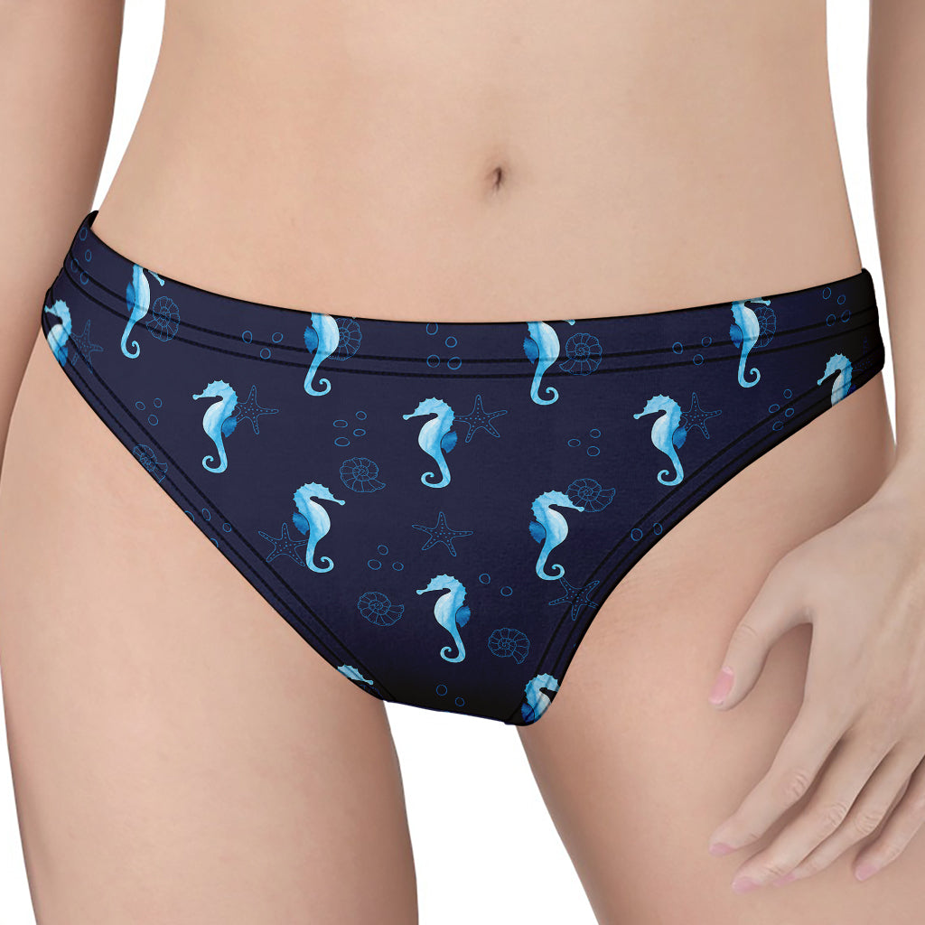 Blue Seahorse Pattern Print Women's Thong